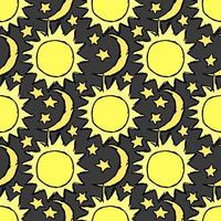 Doodle vector space illustration with moon, stars and sun Seamless space pattern. Cosmos background