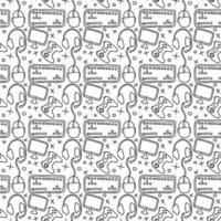 Seamless gaming pattern. Background with gamepad,monitor, keyboard, computer mouse, headphones vector