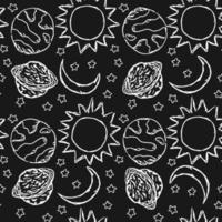 Seamless space pattern. Cosmos background. Doodle vector space illustration with planets, stars, moon, sun