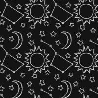 Cosmos background. Doodle vector space illustration with moon, stars and sun Seamless space pattern