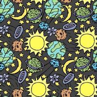 Seamless space pattern. Cosmos background. Doodle vector space illustration with planets, comet, stars, moon, sun and black hole