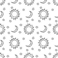 Doodle vector space illustration with moon, stars and sun Seamless space pattern. Cosmos background