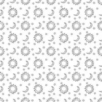 Doodle vector space illustration with moon, stars and sun Seamless space pattern. Cosmos background