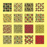 different seamless food patterns. Set of 16 different doodle food backgrounds. Vector food illustations