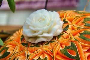 decorated pumpkin. carvings in a decorative pumpkin. Harvest festival. Craftsmanship photo