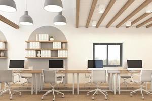 sala de oficina nórdica con lámpara colgante y escritorio de madera, paredes blancas y suelo de madera. representación 3d foto