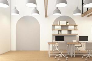 Minimalist office room with hanging lamp and wood desk, white wall and wood floor. 3d rendering photo