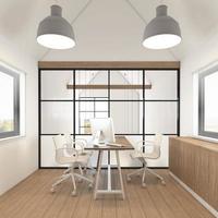 Nordic manager room with hanging lamp and window, white wall and wood floor. 3d rendering photo