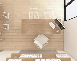 Top view of reception room with wood desk and wood floor. 3d rendering photo