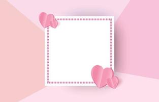 los elementos cortados en papel en forma de corazón en un marco rectangular tienen espacio libre y un fondo rosa dulce. símbolos vectoriales de amor por el feliz día de San Valentín, diseño de tarjetas de felicitación de cumpleaños. vector