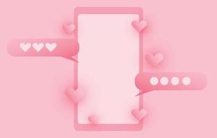 Social media photo frame, with papercut 3d heart love button And sending messages for couple, concept chat for valentines day, vector illustration