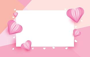 los elementos cortados en papel en forma de corazón en un marco rectangular tienen espacio libre y un fondo rosa dulce. símbolos vectoriales de amor por el feliz día de San Valentín, diseño de tarjetas de felicitación de cumpleaños. vector