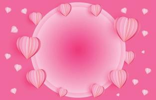 Paper cut elements in shape of heart flying and clouds on pink and sweet background with a blank circle frame. Vector symbols of love for Happy Valentine's Day, birthday greeting card design.