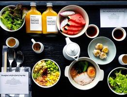 Top view of breakfast with fresh salad, dim sum, noodle with boiled pork, watermelon, dragon fruit, bottle of orange juice and sweet sauce. Flat lay of healthy food with vegetable and fruit on table. photo