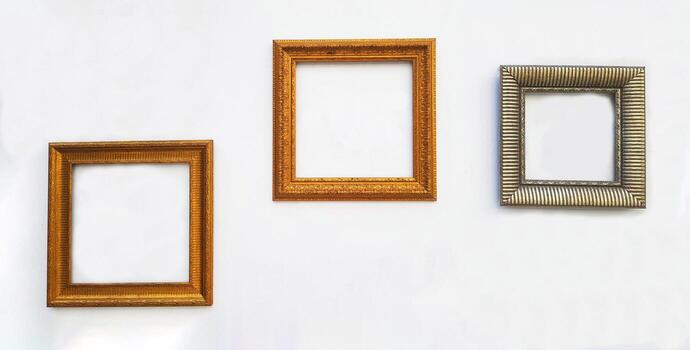 Many empty colorful picture frame mock up on white concrete wall with copy space for add or fill text. Framework on background. Free space photo