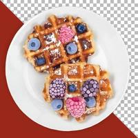 isolated two waffles with berry fruits on white plate photo