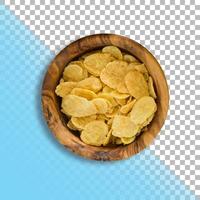 Closeup view corn flakes on wooden bowl over transparent background. photo