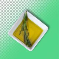 Green dill leaf on white bowl with olive oil isolated in transparent background. photo