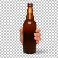 Man 's hand hold cold brown bottle beer isolated. photo