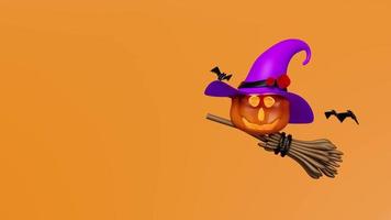 Animación 3d, fiesta de calabaza de halloween con jack o linterna asustada y luz de velas en calabaza volando, sombrero puntiagudo de bruja púrpura, escoba, murciélago, mínimo para feliz halloween video