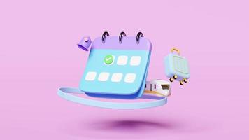 3d animation, calendar with suitcase, sky train transport toy, checkmark icons, marked date, notification bell isolated on pink. schedule appointment, summer travel train, itinerary video
