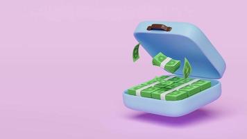 3D-Animation, Stapeldollarbanknote im blauen Koffer lokalisiert auf rosa Hintergrund. Wirtschaftsbewegungen oder Unternehmensfinanzierung, Kreditkonzept, 3D-Darstellung