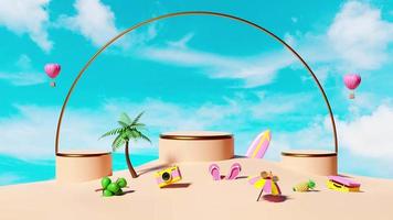 Animazione 3d, podio del cilindro vuoto con tavola da surf, spiaggia, palma, albero di cocco, isola, macchina fotografica, ombrello, valigia, sandali isolati su cielo blu. concetto di vendita estiva di acquisto video