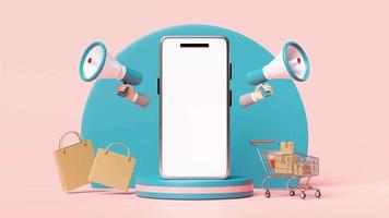 mobile phone, smartphone with blue stage podium, cart, goods cardboard box, shopping paper bag, megaphone, hand speaker isolated on pink. online shopping sale concept, 3d animation video
