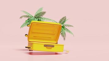 3d animation, yellow open suitcase empty with palm tree isolated on blue background. summer travel concept, 3d render illustration video