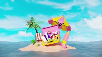 Animation 3d, voyage d'été avec valise jaune, chaise de plage, île, appareil photo, parapluie, côte, cocotier, sandales, montgolfière, nuage isolé sur fond de ciel bleu.