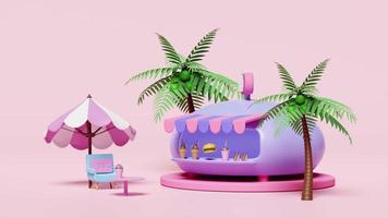 3d animation, shop store cafe 3d with ice cream, coffee table, umbrella, hamburger or burger, sandwich, glass umbrella, palm tree, sofa chair isolated on pink background. summer travel video