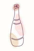 Single line drawing of bottle on textured color spots. Vector hand drawn line art style. Textured background.