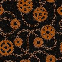 Seamless pattern with rusty gears, chains on textured black background. Vector illustration in steampunk style.