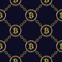 Seamless background with gold bitcoin symbols and diagonal grid with chain on dark blue background. Chess order of elements. Cryptocurrency, digital money pattern. Vector illustration.