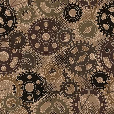 Seamless pattern with gears, dotted halftone texture. Brown camouflage colors for apparel, fabric, textile, sport goods.