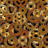 Seamless mechanical pattern with rusty and polished gold machine gears on a black background. Dense composition. Steampunk style. vector