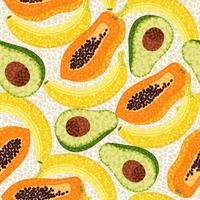 Bananas, papaya, avocado in mosaic style with small polygonal shapes. Seamless vector pattern with tropical fruits.