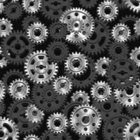 Seamless mechanical pattern with black cast iron gears and polished gold machine gears on a black background. Dense composition. Steampunk style. vector