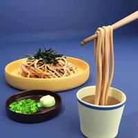 fideos soba fríos servidos con salsa para mojar. hacer ilustración 3d foto