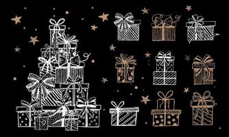 Doodle icons of gift box, Christmas set, Hand drawn elements. vector