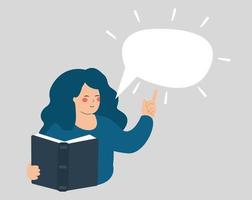 Teacher woman reading a book and points to a white empty speech bubble above. Student explains an idea from a book. Learning, Education and Teaching Concept. Vector illustration