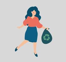 mujer joven recogiendo basura mientras camina. chica alegre corriendo o trotando mientras sostiene una bolsa de basura. ecología verde, protección del medio ambiente y concepto del día de la tierra. ilustración vectorial vector