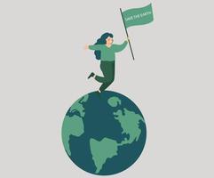 Activist woman walking or jogging on the green planet while holding a banner with the message save the Earth to support ecology. Environment conservation and international earth day concept. Vector