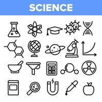 vector de conjunto de iconos de línea científica. silueta gráfica de análisis. iconos de laboratorio de ciencias. ilustración web de contorno delgado