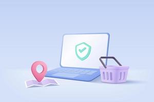 3D shopping online with laptop, pin location point marker of map, shopping bag or basket. Shield protection with password secure for online payment concept. Notebook icon 3d vector render illustration