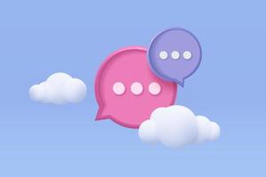 Símbolo de burbujas de voz 3d en el icono de las redes sociales aislado en el fondo de la nube del cielo azul. mención del hilo de comentarios o signo de respuesta del usuario con las redes sociales. Burbujas de voz 3d en la ilustración de renderizado vectorial vector