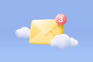 Ícono de sobre de correo 3d con notificación de nuevo mensaje sobre fondo de nubes de cielo azul. carta de correo electrónico mínima con icono de burbuja no leída. mensaje concepto 3d vector render aislado azul pastel fondo