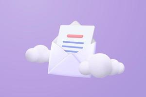 Ícono de sobre de correo 3d con notificación de nuevo mensaje sobre fondo de nubes de cielo azul. carta de correo electrónico mínima con icono de burbuja no leída. mensaje concepto 3d vector render aislado púrpura pastel fondo