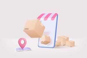 3D online deliver service, delivery tracking smartphone, pin location point marker of map for shipment concept. Product shipping packing out from mobile. Logistic icon 3d vector render illustration