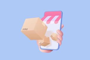 3D online deliver service, delivery tracking smartphone, hand holding mobile for shipment tracking concept. Product shipping packing out from smartphone. Logistic icon 3d vector render illustration